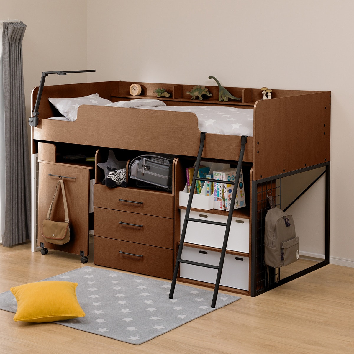 幅201cm] システムベッド(デニッシュT MBR/BK） 机 ロフトベッド省