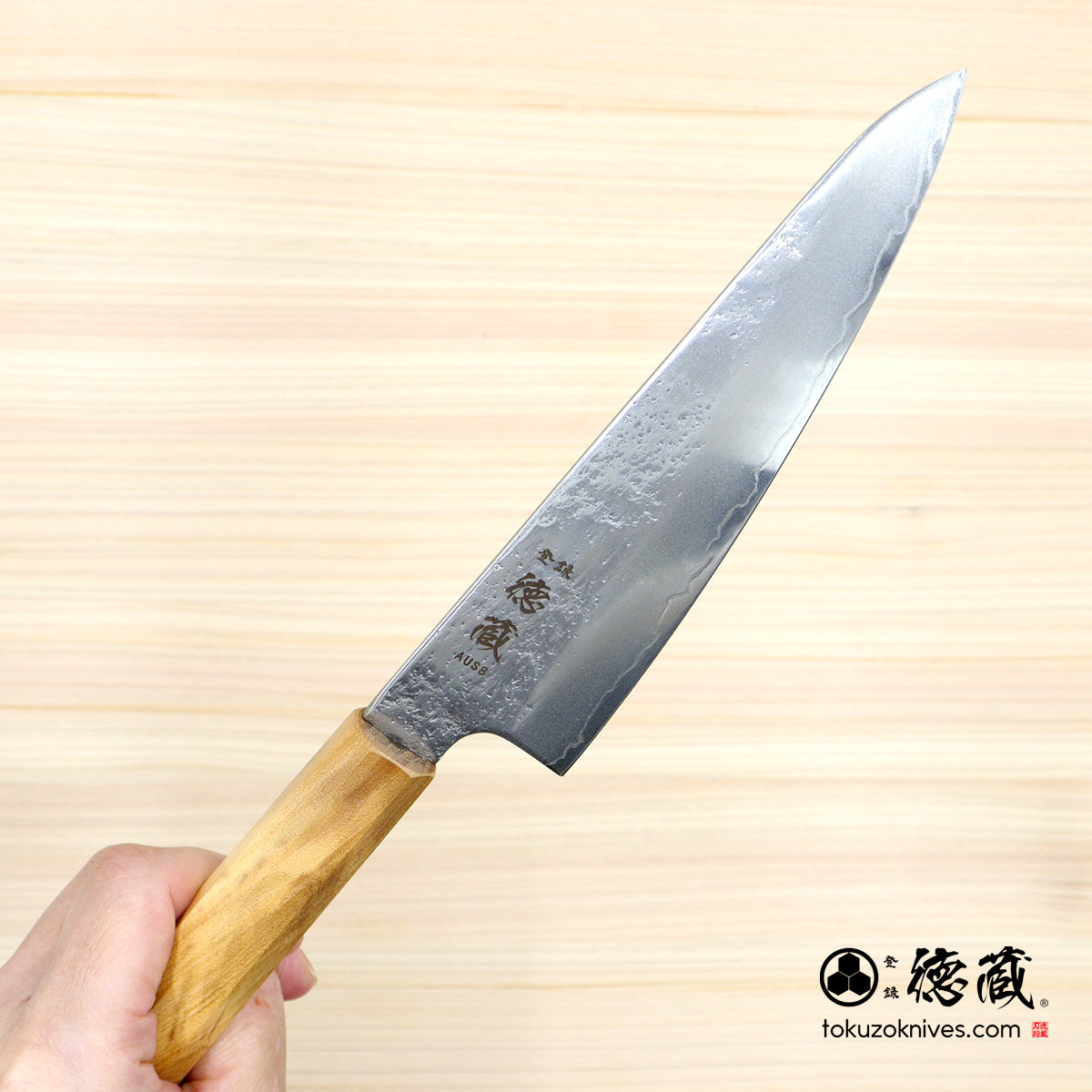 AUS8 SC三徳包丁 150mm 梨地仕上げ オリーブ柄 – 徳蔵刃物 TOKUZO KNIVES