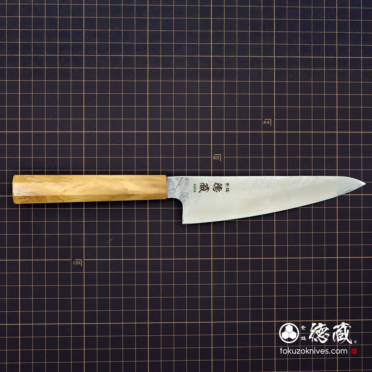 AUS8 SC三徳包丁 150mm 梨地仕上げ オリーブ柄 – 徳蔵刃物 TOKUZO KNIVES