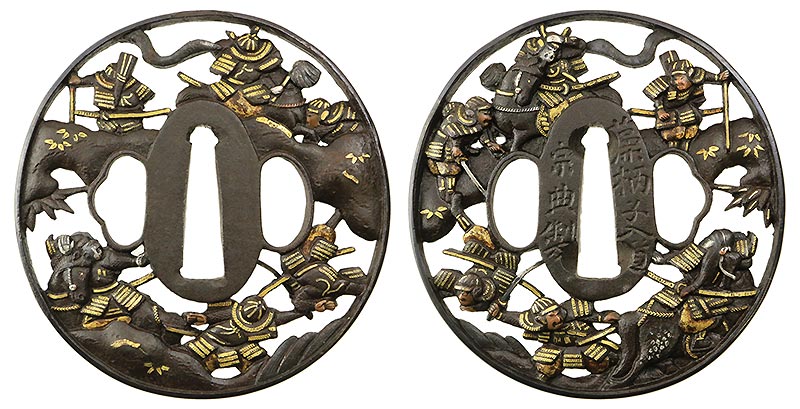 日本刀の鐔・鍔｜鉄地武者合戦図｜銘／藻柄子入道宗典製｜日本刀専門店