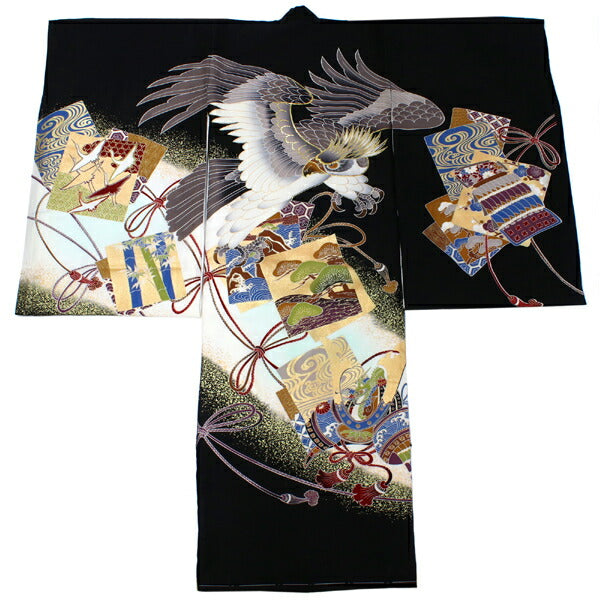 お宮参り 産着 男の子 黒 鷹 兜 色紙 着物 長襦袢 セット 古典 七五三