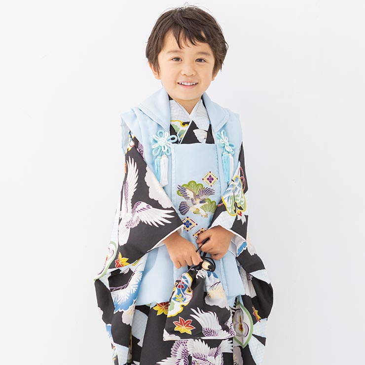 楽天市場】七五三 着物 被布セット 男の子 松と鷹に七宝 黒 被布 水色