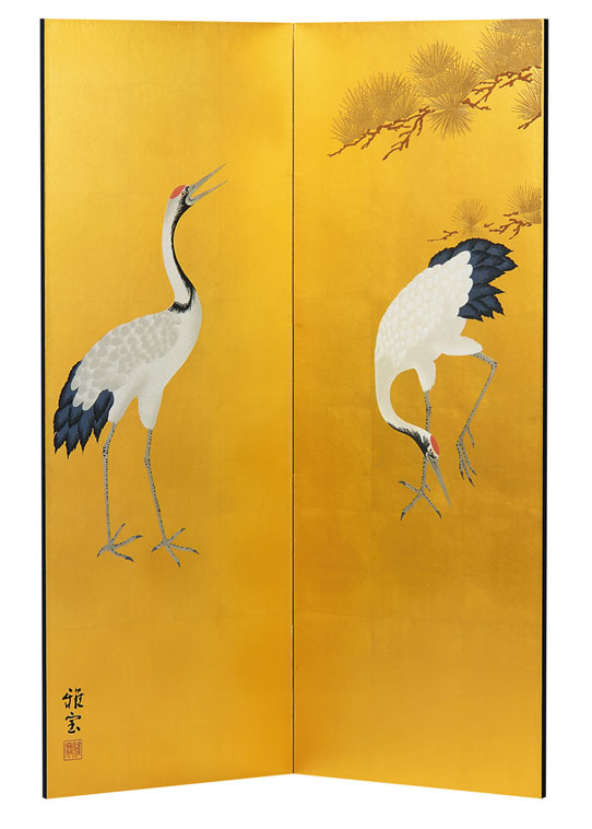 楽天市場】【肉筆美術金屏風】野口雅宝作 金彩大鶴絵二曲屏風【全国