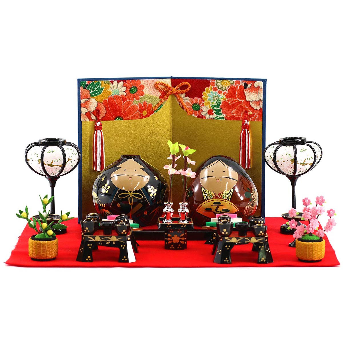 大内人形5点&紀州雛1点 木製漆塗り台付 大内ひな人形