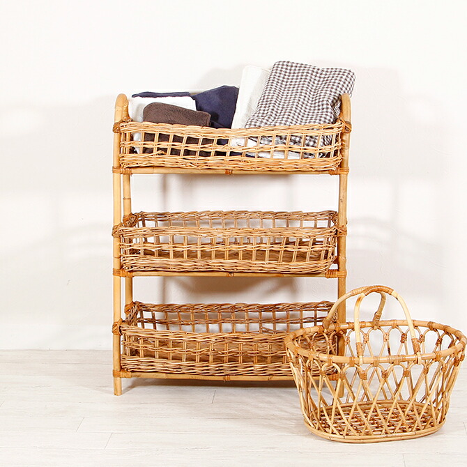 楽天市場】アラログ レクト3段バスケットラタン 家具 かご バスケット