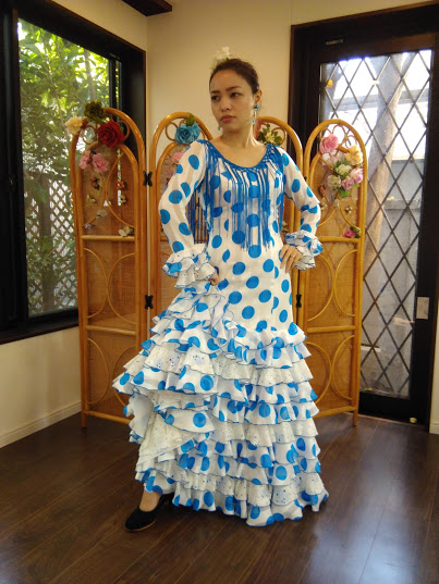 楽天市場】【送料無料】 フラメンコ衣装 青 ブルー ドット柄