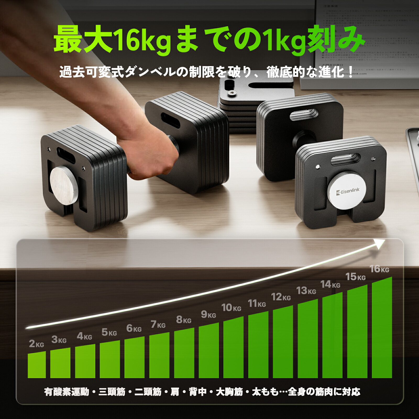 楽天市場】Eisenlink 可変式ダンベル 四角mini 1kg刻み 2~10kg/16kg二