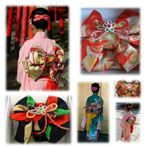 着付師が作る作り帯♡7歳七五三 正絹西陣織唐織帯 黒地 リボン文庫結び