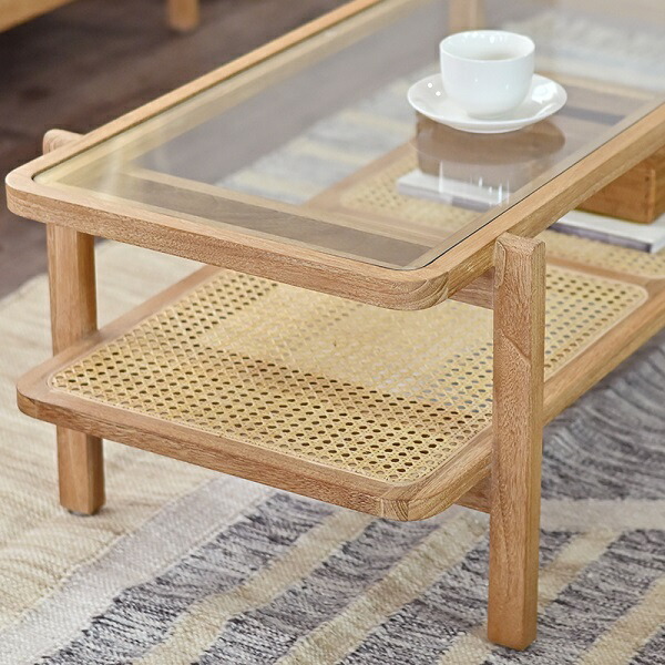 楽天市場】センターテーブル ガラス ラタン 藤 ローテーブル 棚付き