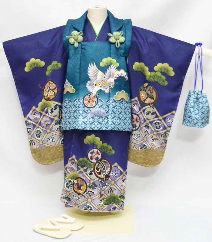 楽天市場】七五三 753 着物 3歳 男の子 被布セット 鷹柄 エメラルド