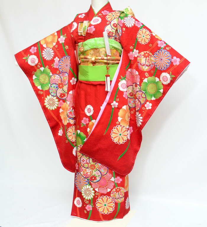 七五三　7歳　 正絹　着物　セット　女の子 c99 正絹 七五三 7歳 着物セット 女の子 向い鶴に桜と松 水色 SP39 753