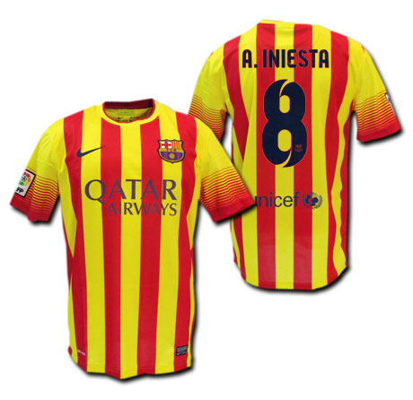 楽天市場】FCバルセロナ 13/14 14/15 アウェイ (黄/赤) #8 A.INIESTA