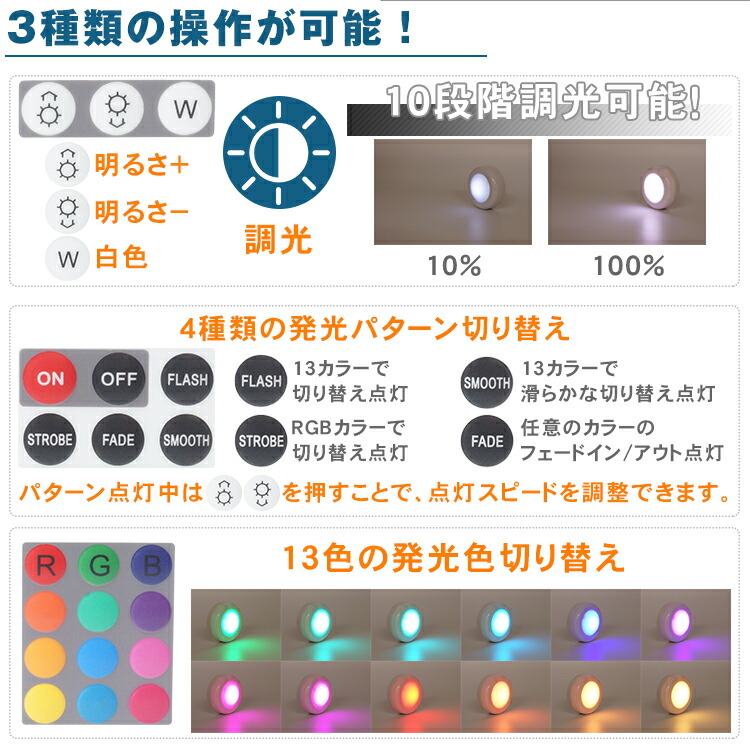 楽天市場】LED カラフルライト リモコン プッシュライト 13色 切り替え