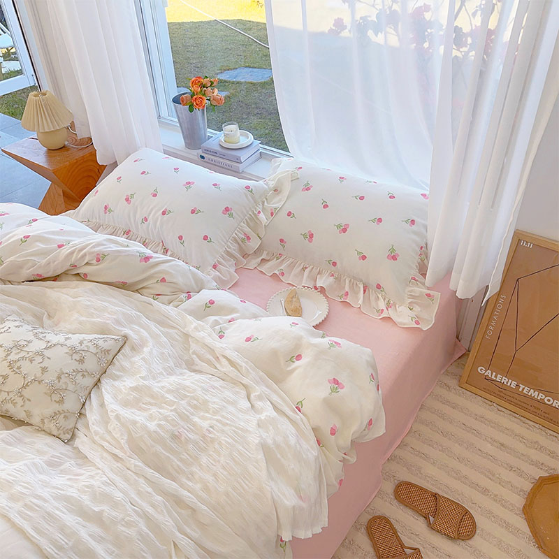 楽天市場】送料無料 布団カバーセット 白 ピンク 花柄 フリル 韓国風