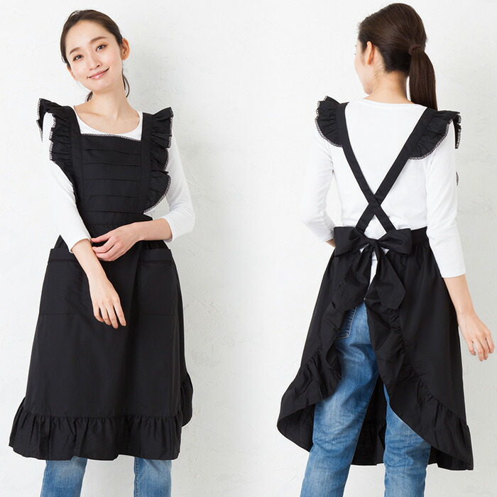 楽天市場】エプロン 黒 日本製 フリル ロング 肩 フリル レース レトロ