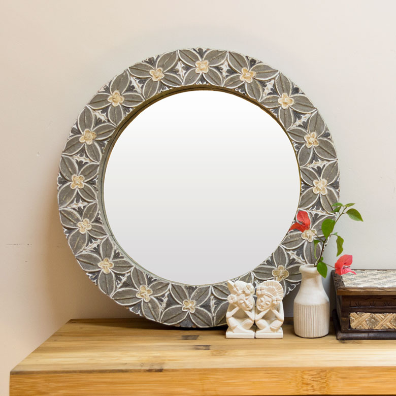 木製楕円形壁掛けミラー 花彫刻 ブリヂストン ビーエスファミリー