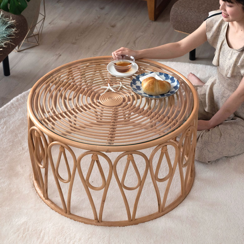 楽天市場】センターテーブル ラタン製 円型 ラウンドテーブル ガラス天