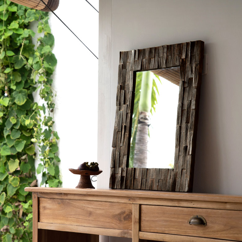 楽天市場】鏡 壁掛け 木製 フレーム 長方形 チークウッド ブラウン L