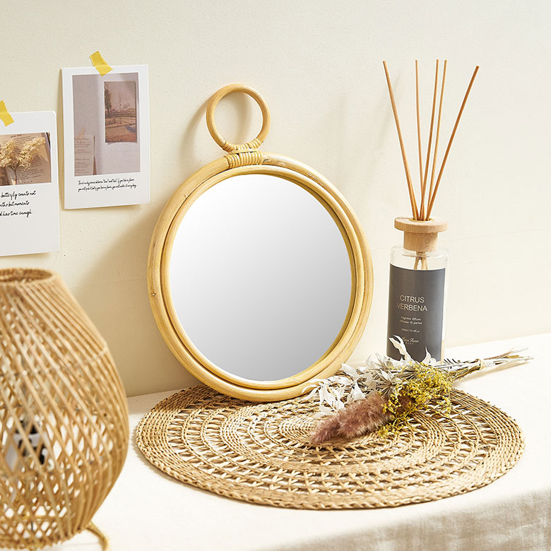 楽天市場】ミラー 鏡 壁掛け 立て掛け ラタン 籐製 丸型 ミラー部分 径