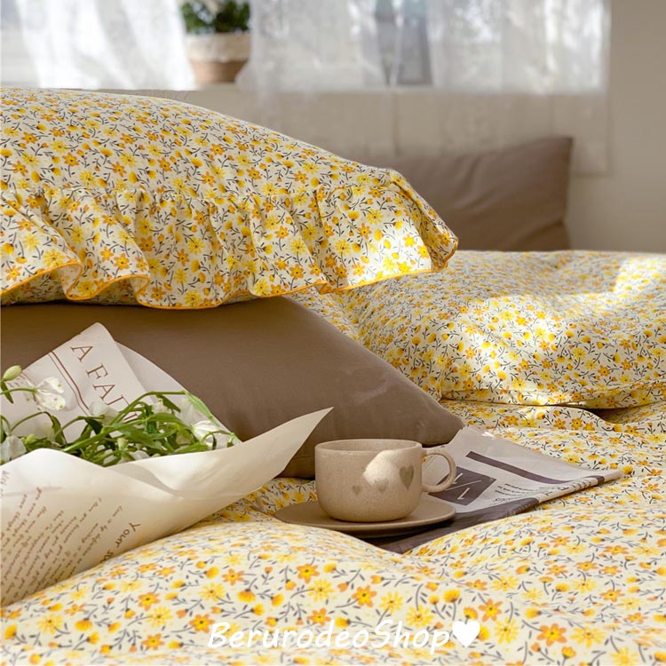 楽天市場】送料無料 布団カバーセット 花柄 フリル イエロー 韓国風