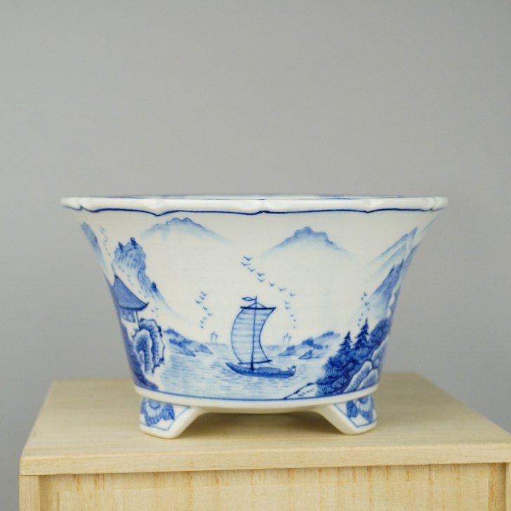 楽天市場】盆栽鉢 月香 (共布・共箱) 染付 舟 山水 楼閣図 輪花 丸鉢