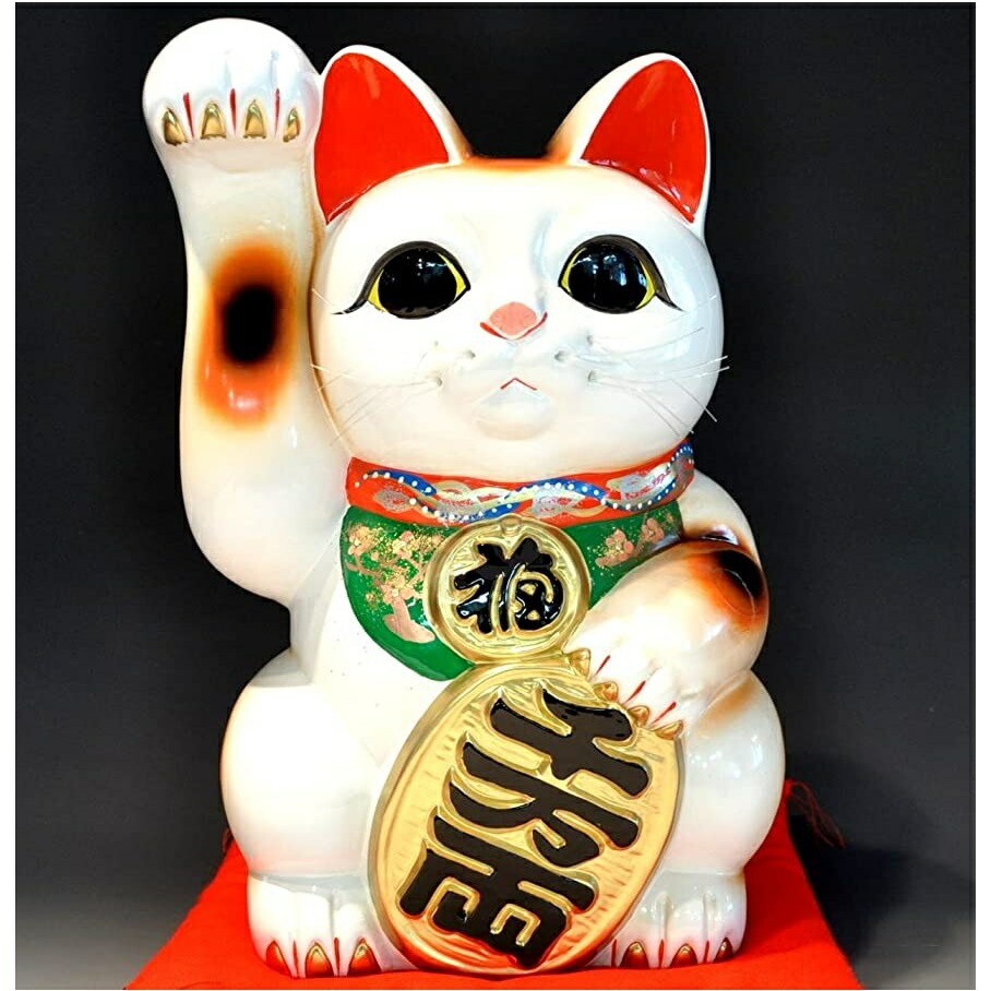楽天市場】常滑焼 招き猫 白手長小判猫(右手) 13号※画像の座布団は別売