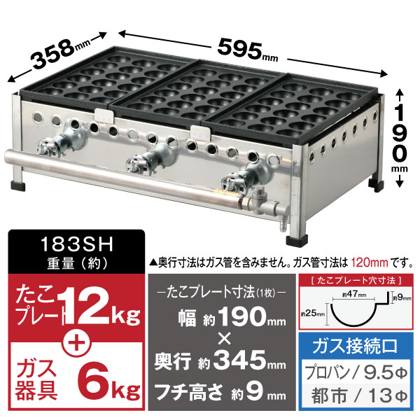 楽天市場】新製品 たこ焼き器18穴×3連 フチ高 鉄鋳物 183SH(代引・送料
