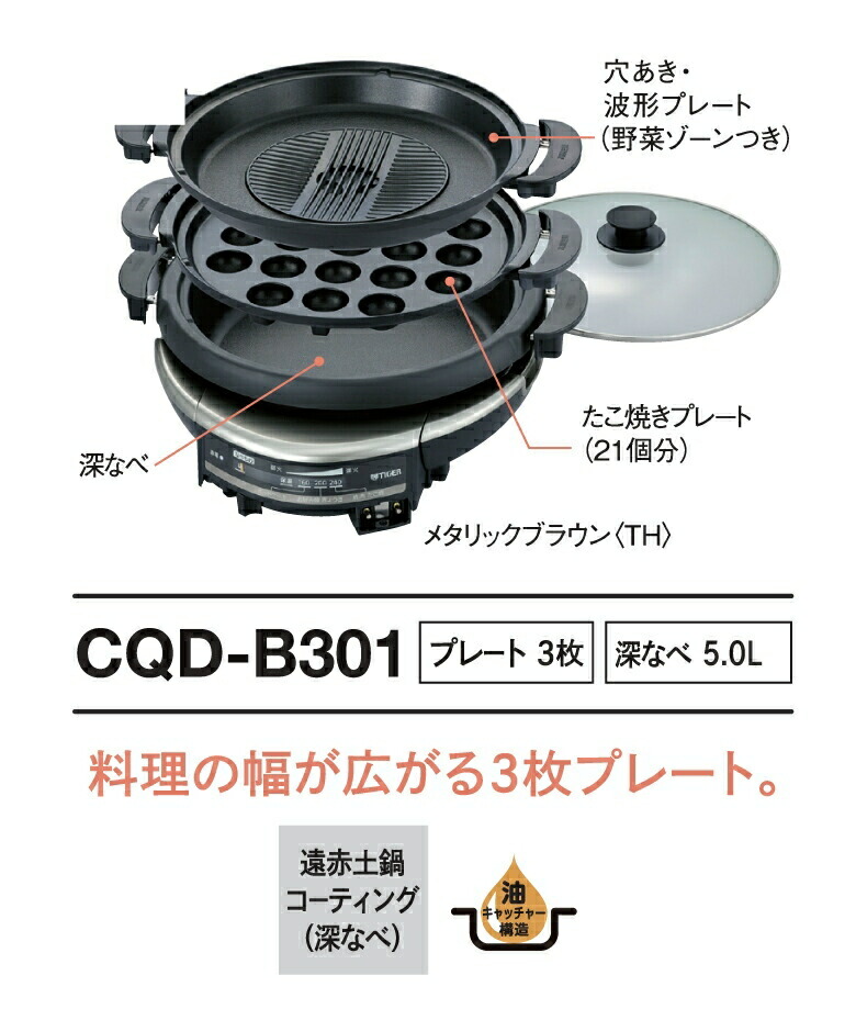 楽天市場】タイガー グリル鍋 ホットプレート たこ焼き器 CQD-B301TH