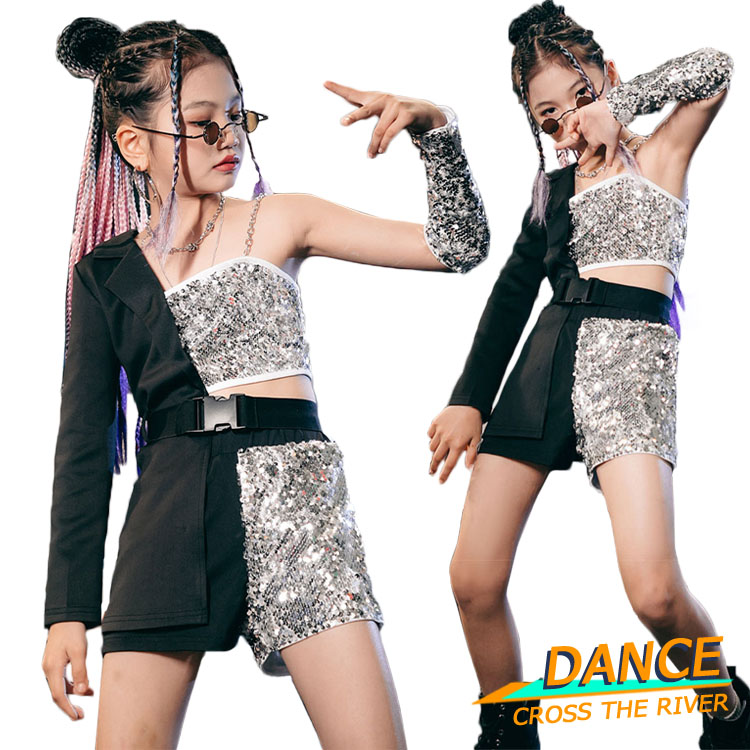楽天市場】スパンコール 黒 キッズダンス衣装 セットアップ キラキラ
