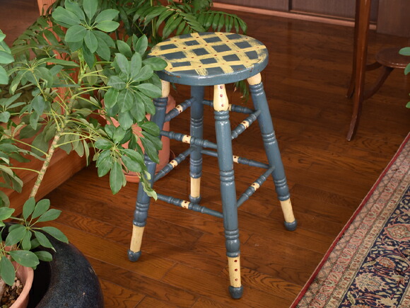 楽天市場】ブルーペイント ウッドスツール型テーブル チェック模様の