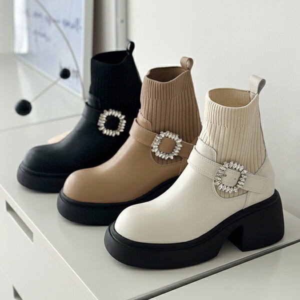 PG♡リブニットショートブーツ22.5 パールビジューニットショート