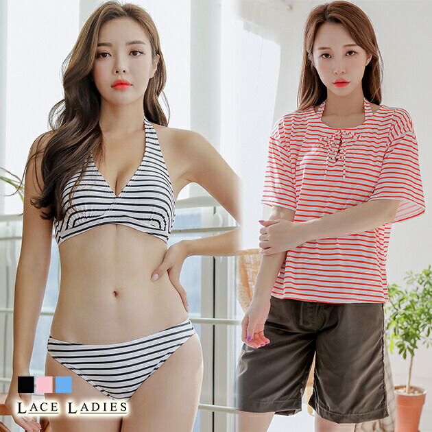 楽天市場】ホルターネック ストライプビキニ 体系カバー 4点セット