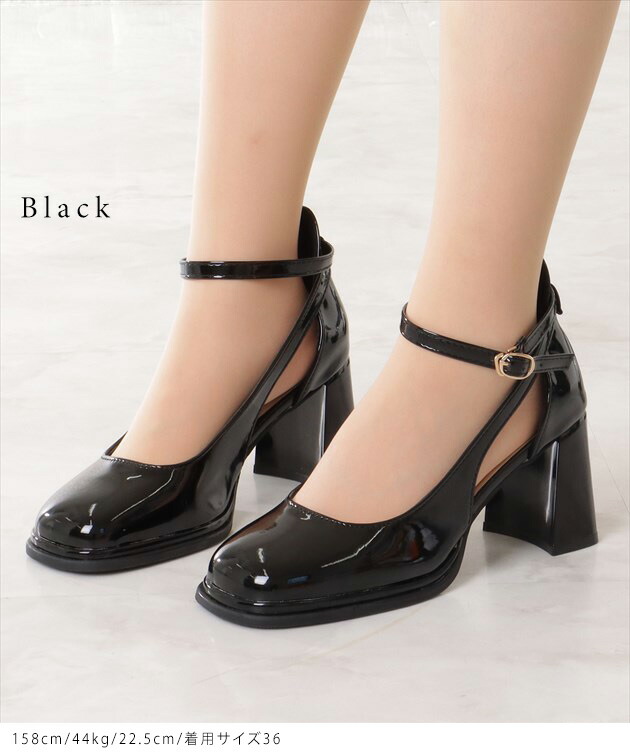 楽天市場】スクエアトゥ ストラップ チャンキー ハイヒール パンプス