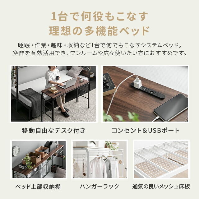 楽天市場】システムベッド デスクも収納も単独利用可 ベッド システム