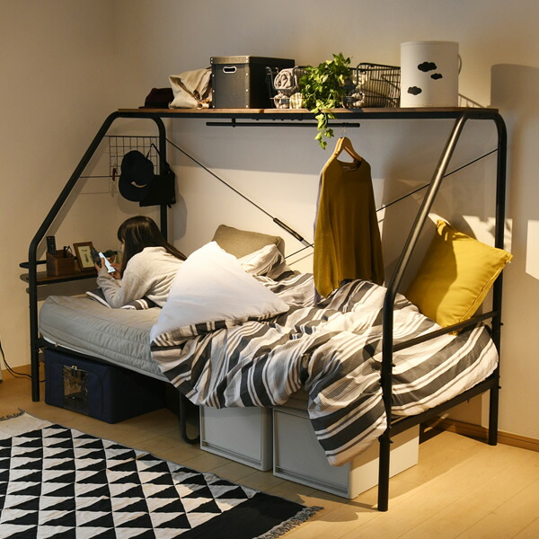 楽天市場】多機能 ベッド 棚付き コンセント付き 収納 ハンガー付き