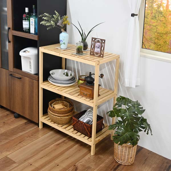 楽天市場】ウッドラック3段 天然木 オープンラック 木製 スリム