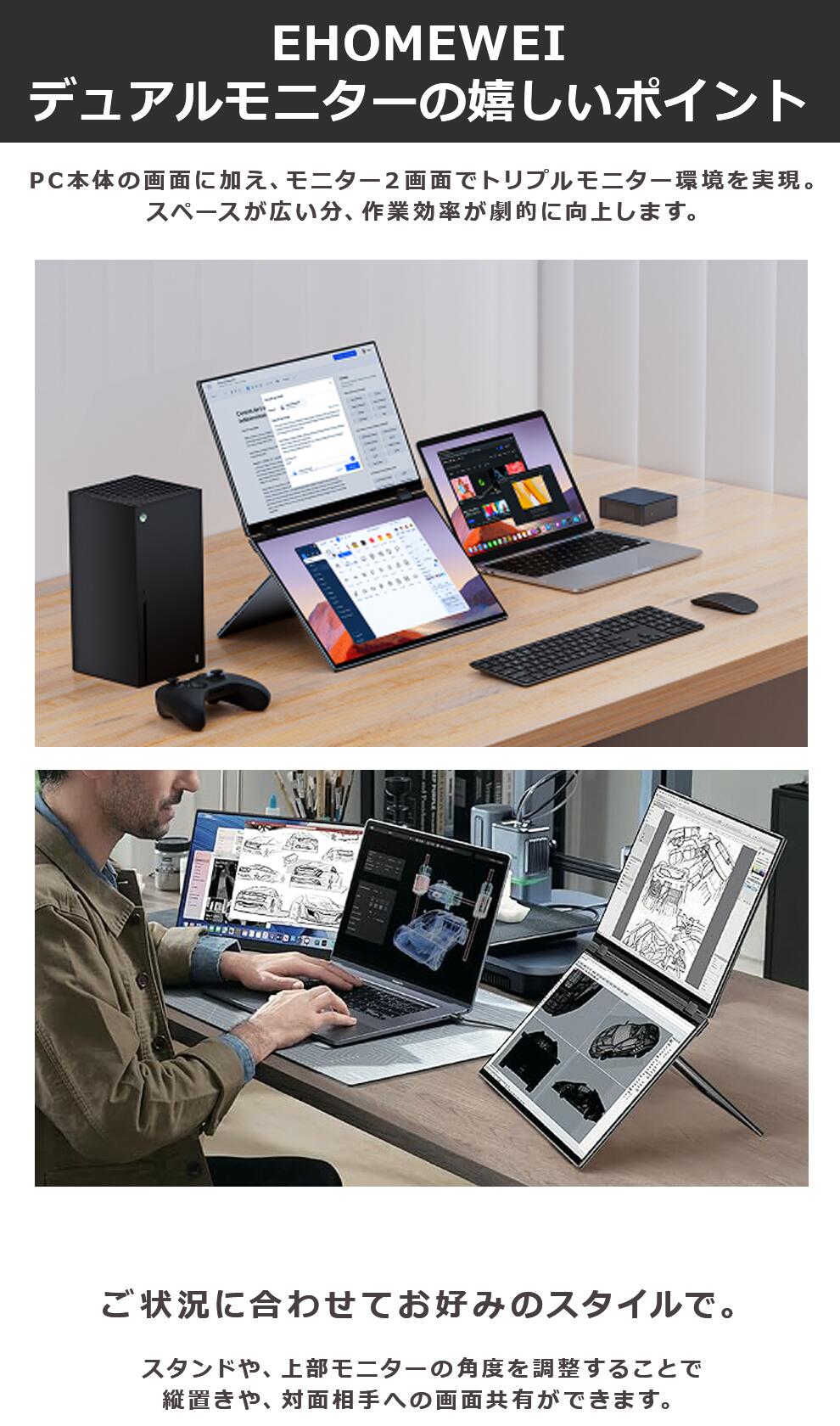 楽天市場】EHOMEWEI デュアルモニター16インチ QLED 極細ベゼル 解像度