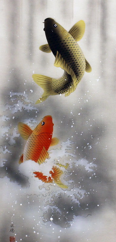楽天市場】沢田水穂『夫婦鯉の瀧昇り』掛軸（尺五立） : 内田画廊