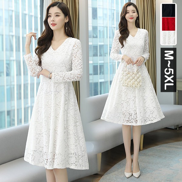 楽天市場】パーティードレス 総レースワンピース Aライン 膝丈 ミモレ