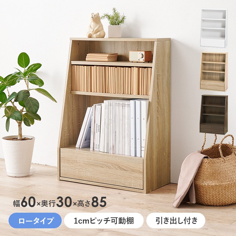 楽天市場】ブックラック 幅60cm ロータイプ 可動棚1cmピッチ 引き出し