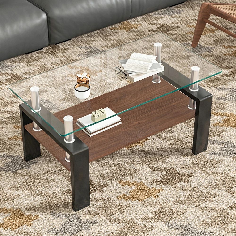 楽天市場】モダン長方形コーヒーテーブル 強化ガラス天板+MDF収納棚