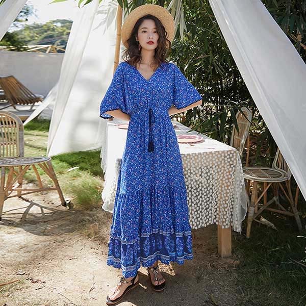 楽天市場】ワンピース マキシ丈 エスニック柄 リゾート Vネック 半袖