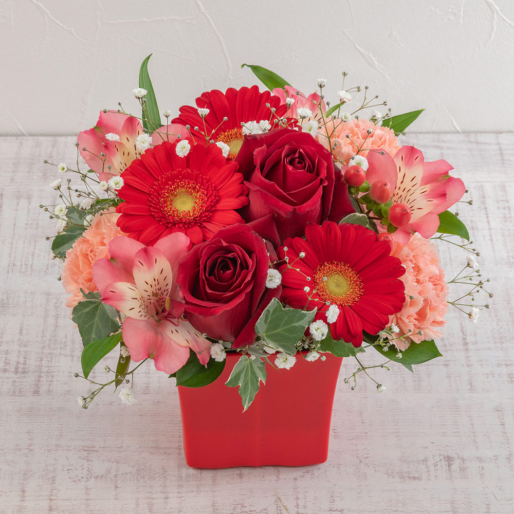 楽天市場】誕生日 花 アレンジメント「おまかせ レッド系 ラージ