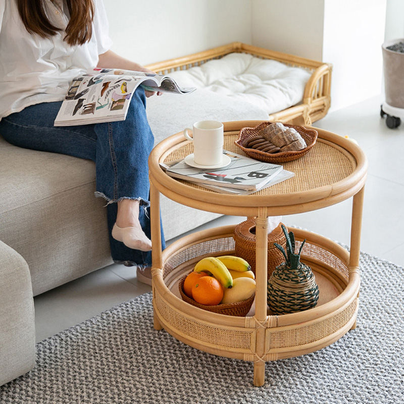 ヴィンテージ ラタン座卓 ガラス天板 引き出し 書斎 レトロ 籐 韓国