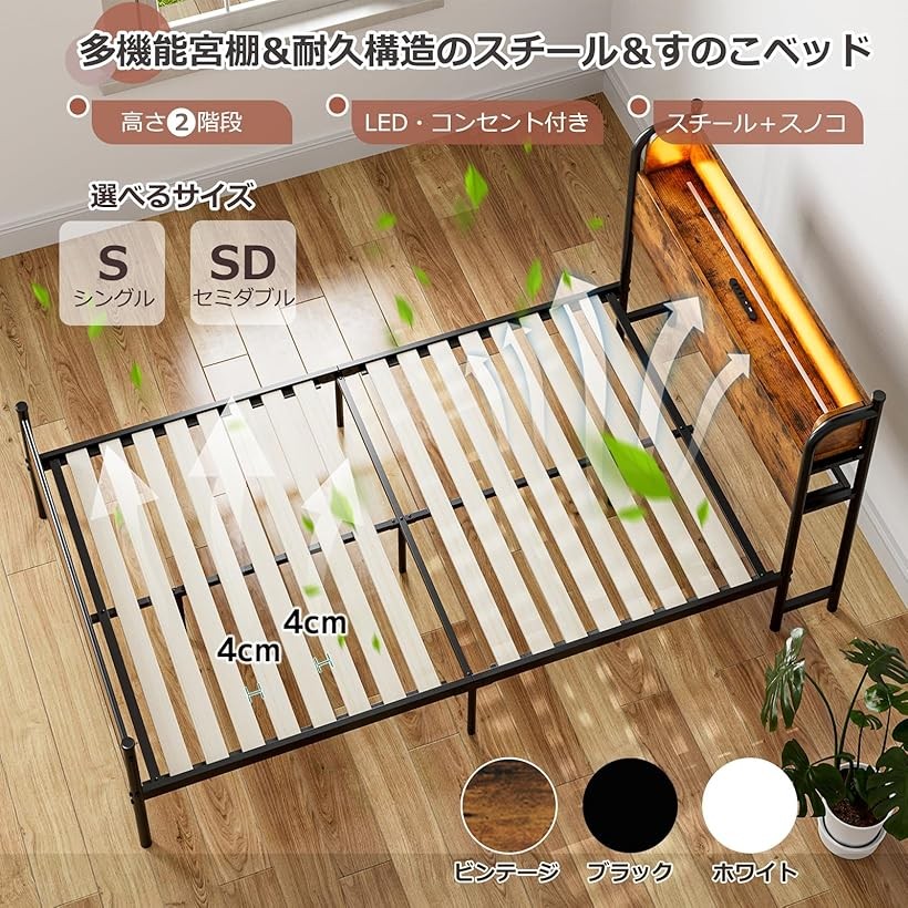 楽天市場】ベッドフレーム セミダブル パイプベッドSD 2口コンセント