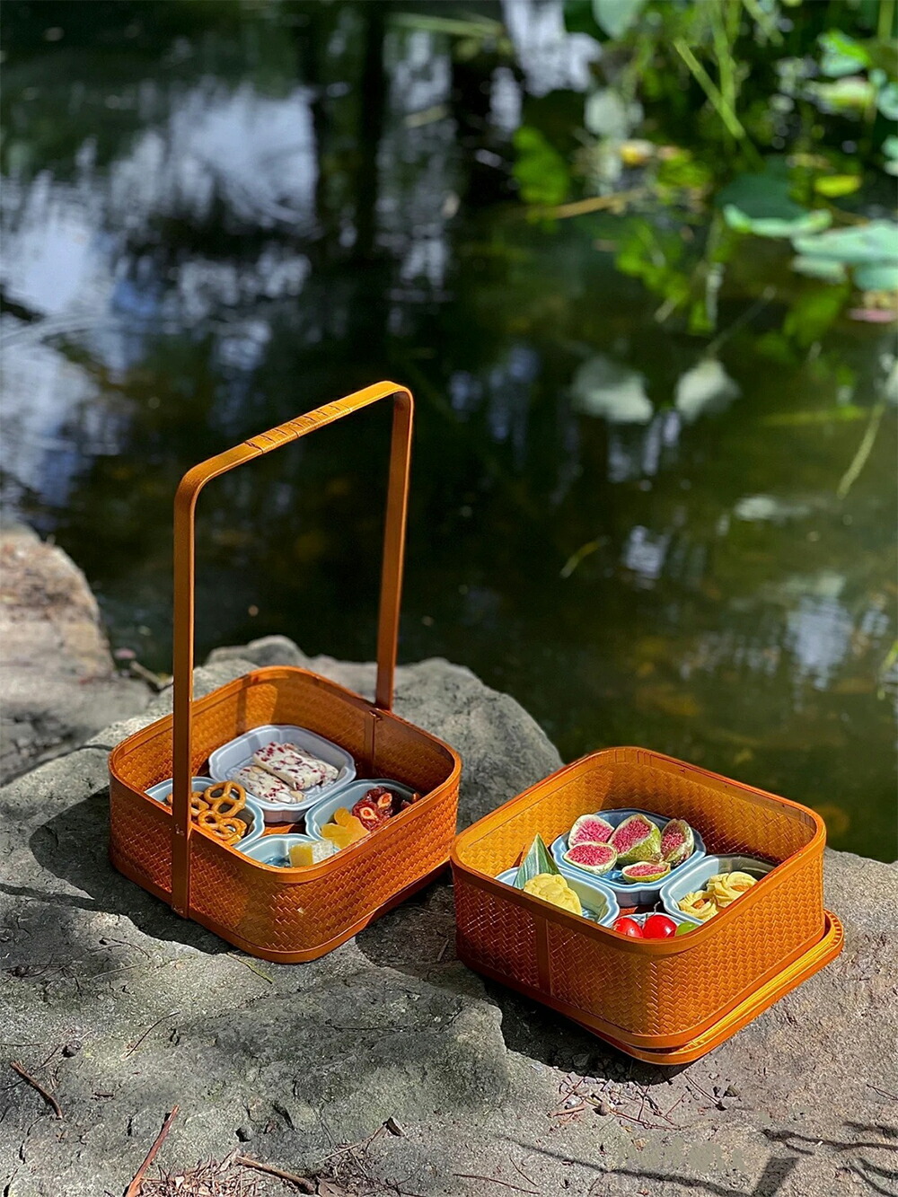 楽天市場】自然素材にこだわった かご 竹 かご ハンドル付き 二段 重箱