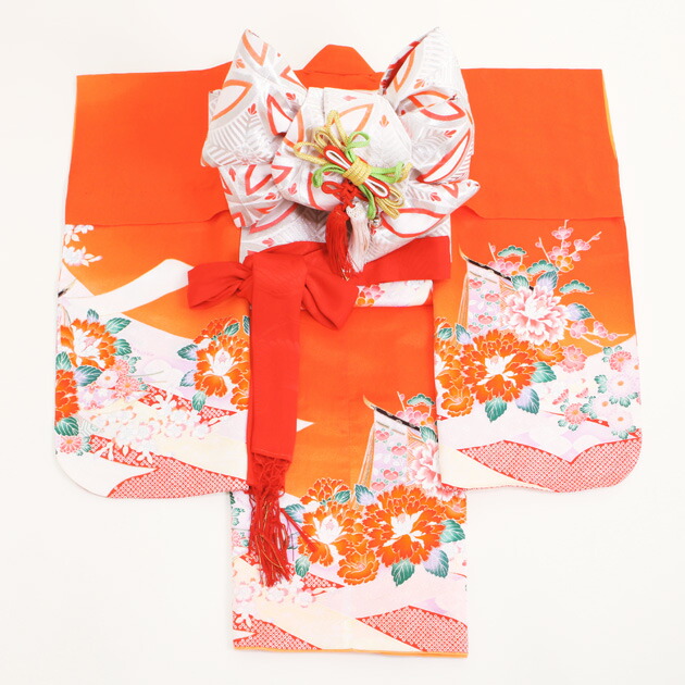 楽天市場】七五三 着物 7歳 フルセット レンタル 女の子 〔朱色 ぼたん