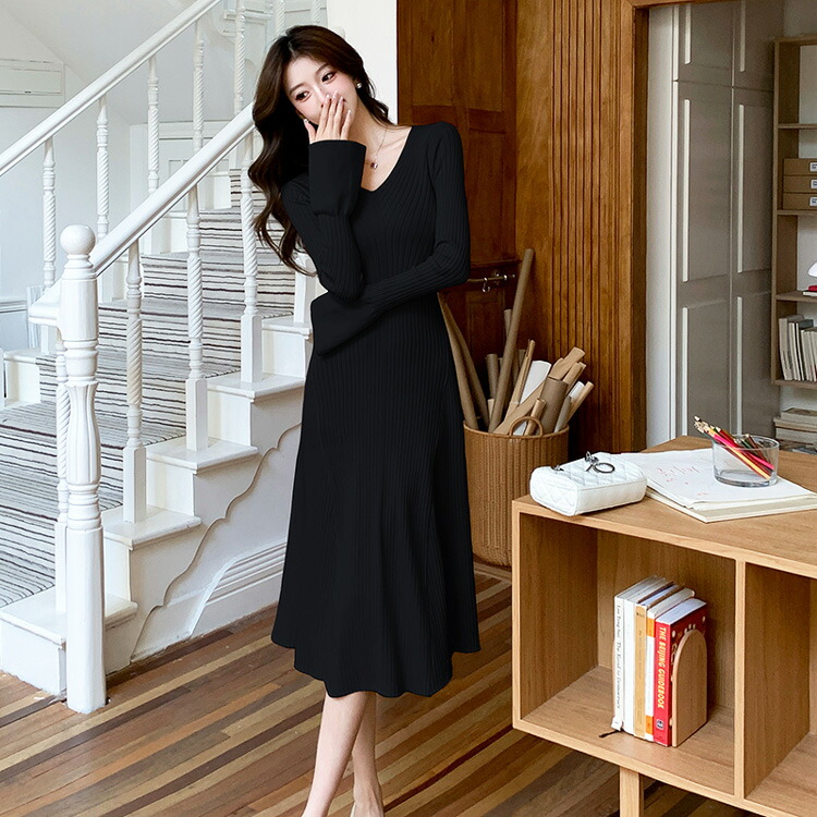 楽天市場】Aライン ニットワンピース Vネック フレア袖 リブニット