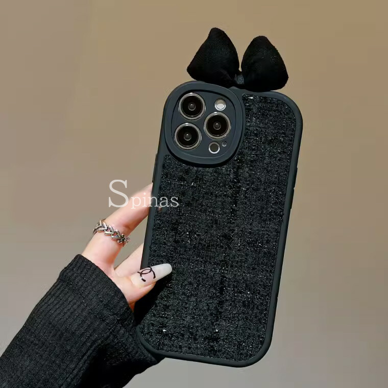 楽天市場】3Dリボン付き ツィードブラックがお洒落 iphone15対応 黒