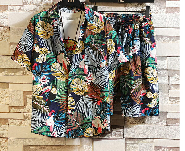 楽天市場】ハワイアン！全9色 メンズ アロハシャツ セットアップ 上下2